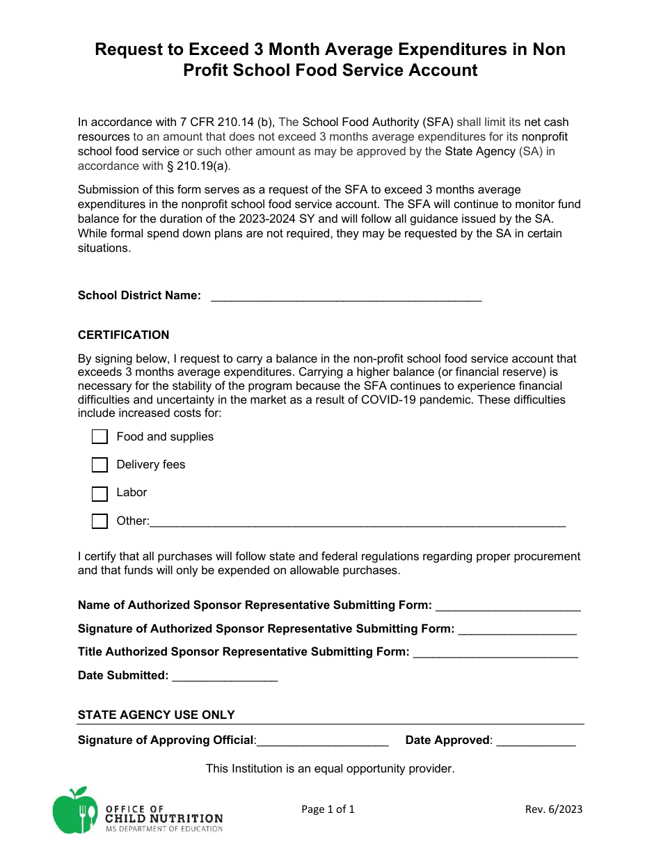 Request to Exceed 3 Month Average Expenditures in Non Profit School Food Service Account - Mississippi, Page 1
