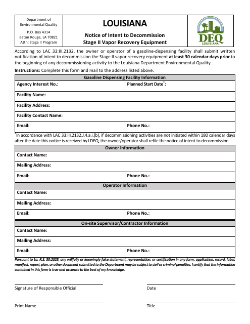 Notice of Intent to Decommission Stage II Vapor Recovery Equipment - Louisiana Download Pdf