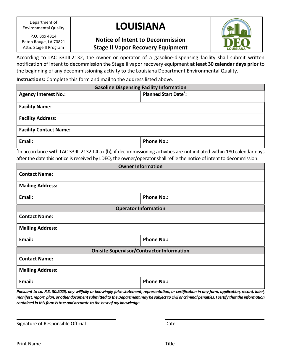 Notice of Intent to Decommission Stage II Vapor Recovery Equipment - Louisiana, Page 1