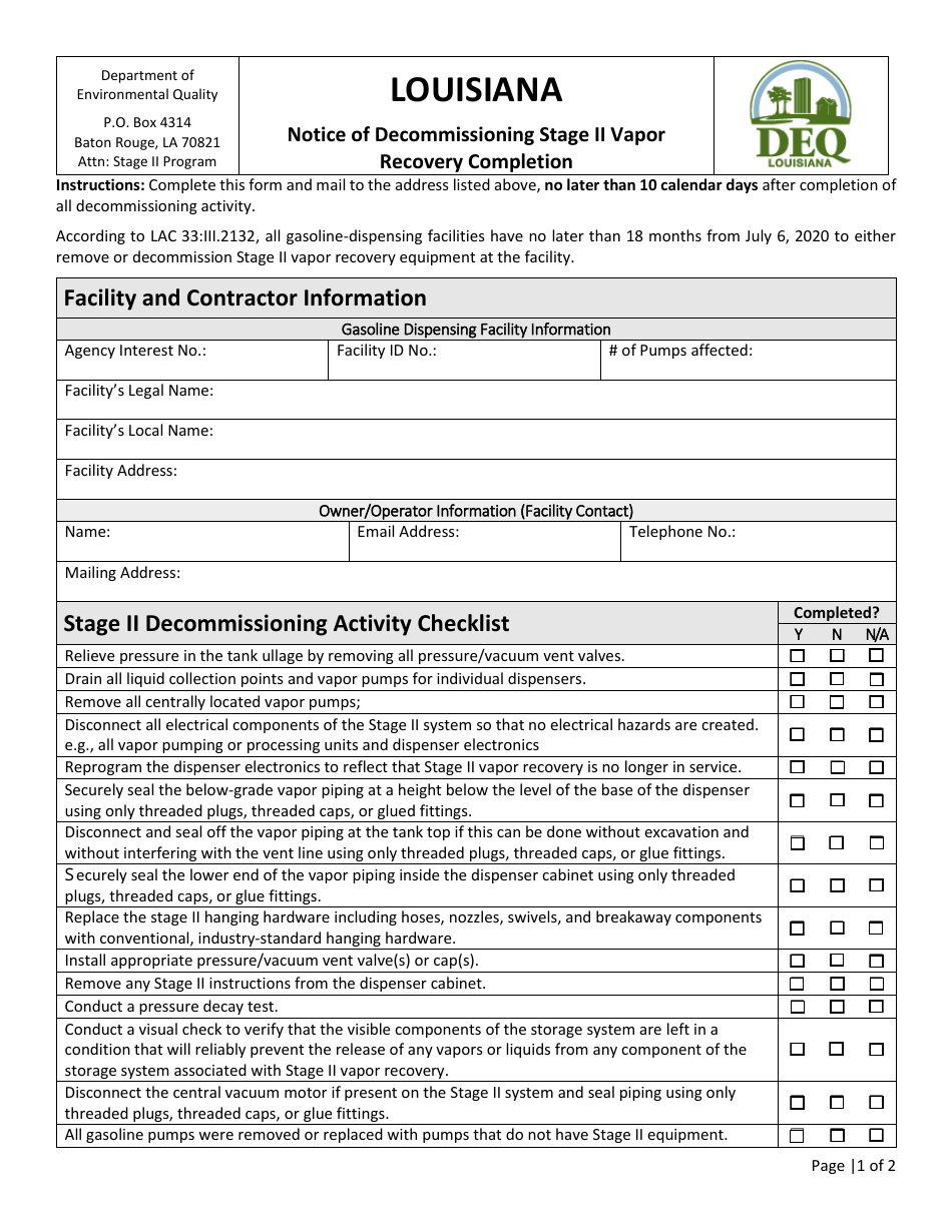 Notice of Decommissioning Stage II Vapor Recovery Completion - Louisiana, Page 1