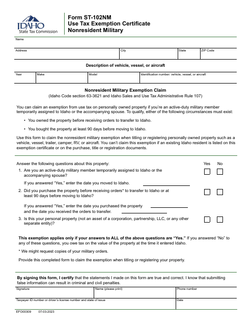 Form ST-102NM (EFO00309) Use Tax Exemption Certificate - Nonresident Military - Idaho