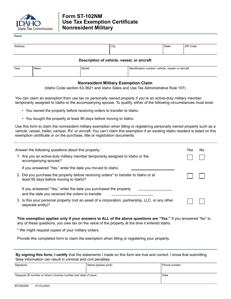 Form ST-102NM (EFO00309) Use Tax Exemption Certificate - Nonresident Military - Idaho, Page 1