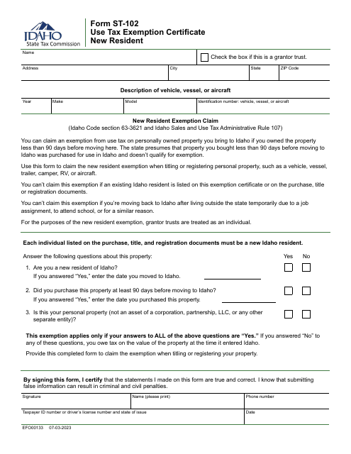 Form ST-102 (EFO00133)  Printable Pdf