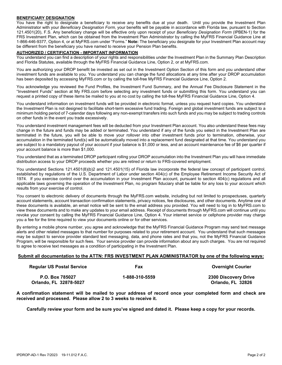 Form IPDROP-AD-1 Frs Investment Plan Drop Accumulation Direct Rollover Form for Current Drop Members - Florida, Page 2