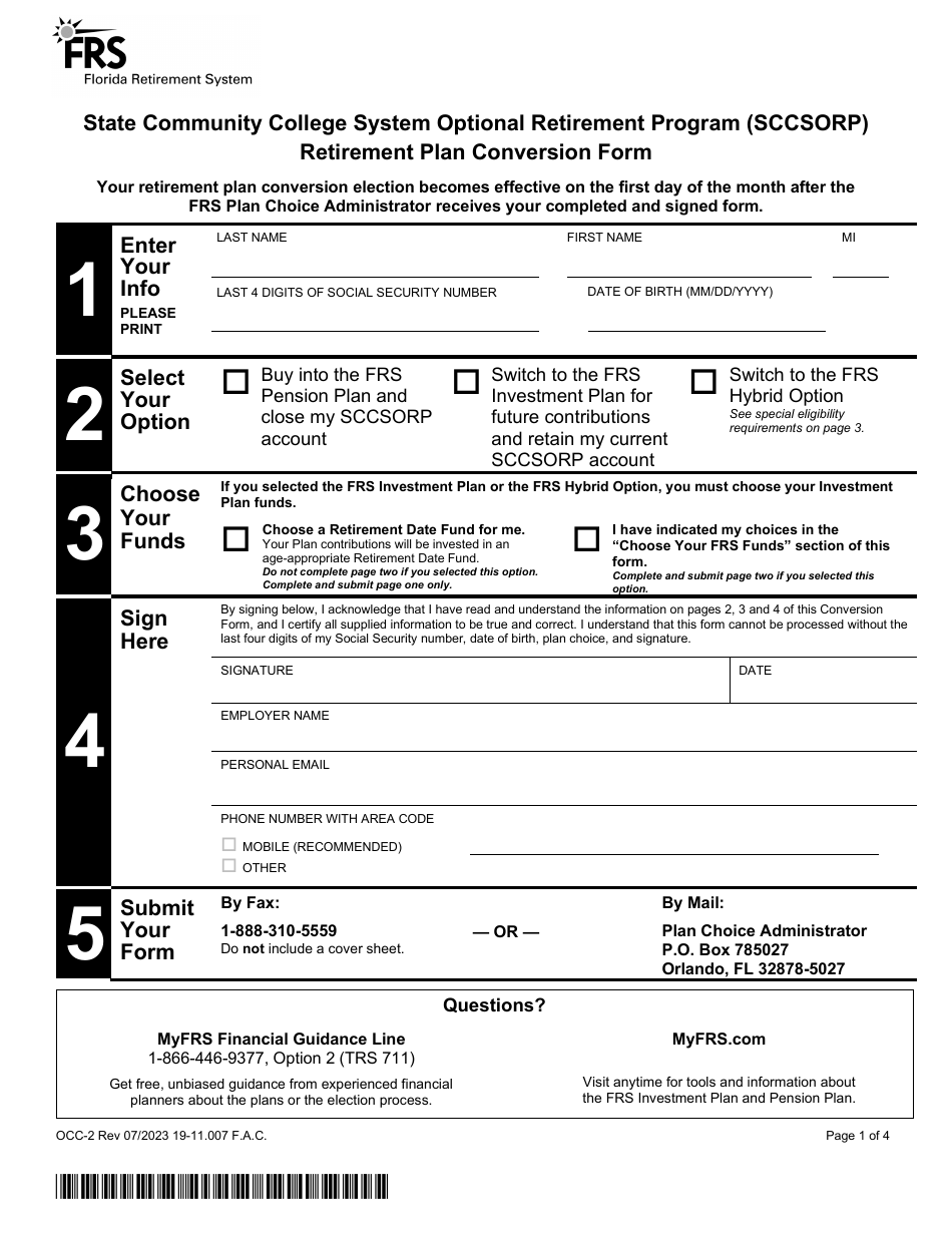 Form OCC-2 Retirement Plan Conversion Form - State Community College System Optional Retirement Program (Sccsorp) - Florida, Page 1