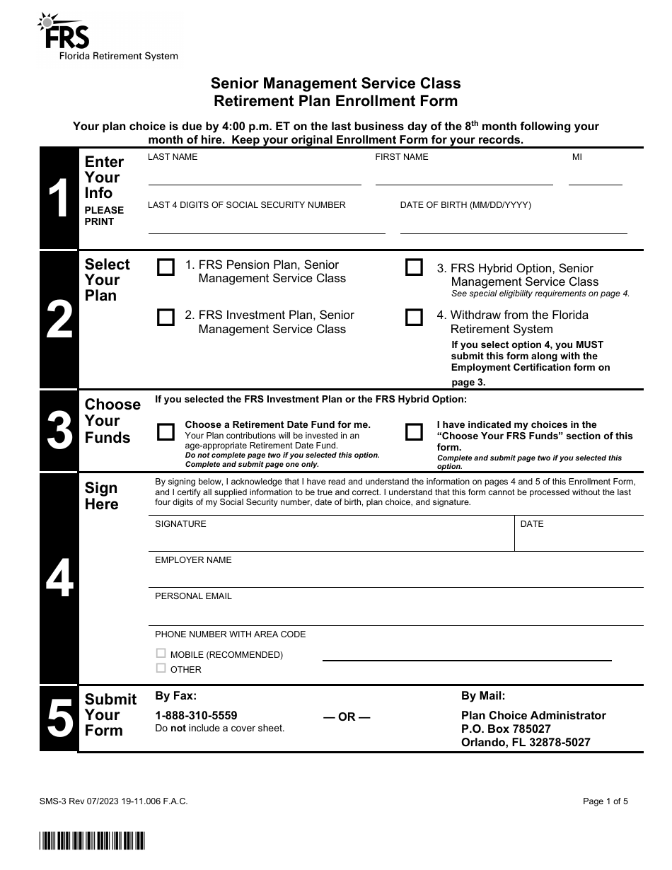 Form SMS-3 Retirement Plan Enrollment Form - Senior Management Service Class - Florida, Page 1