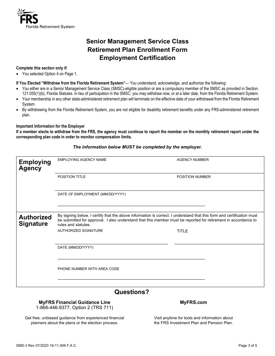 Form SMS-3 Retirement Plan Enrollment Form - Senior Management Service Class - Florida, Page 3