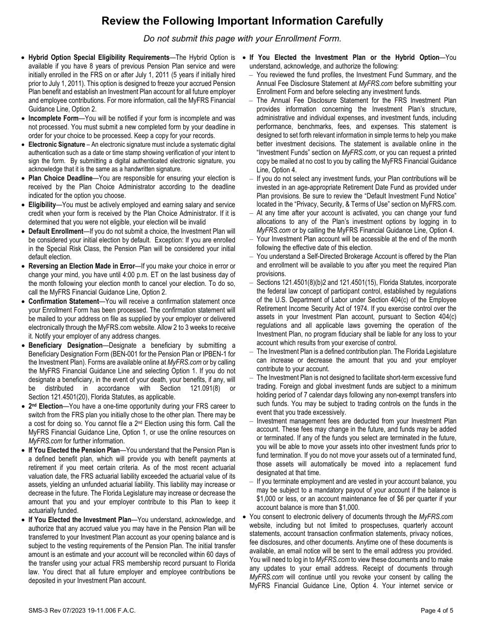 Form SMS-3 Retirement Plan Enrollment Form - Senior Management Service Class - Florida, Page 4