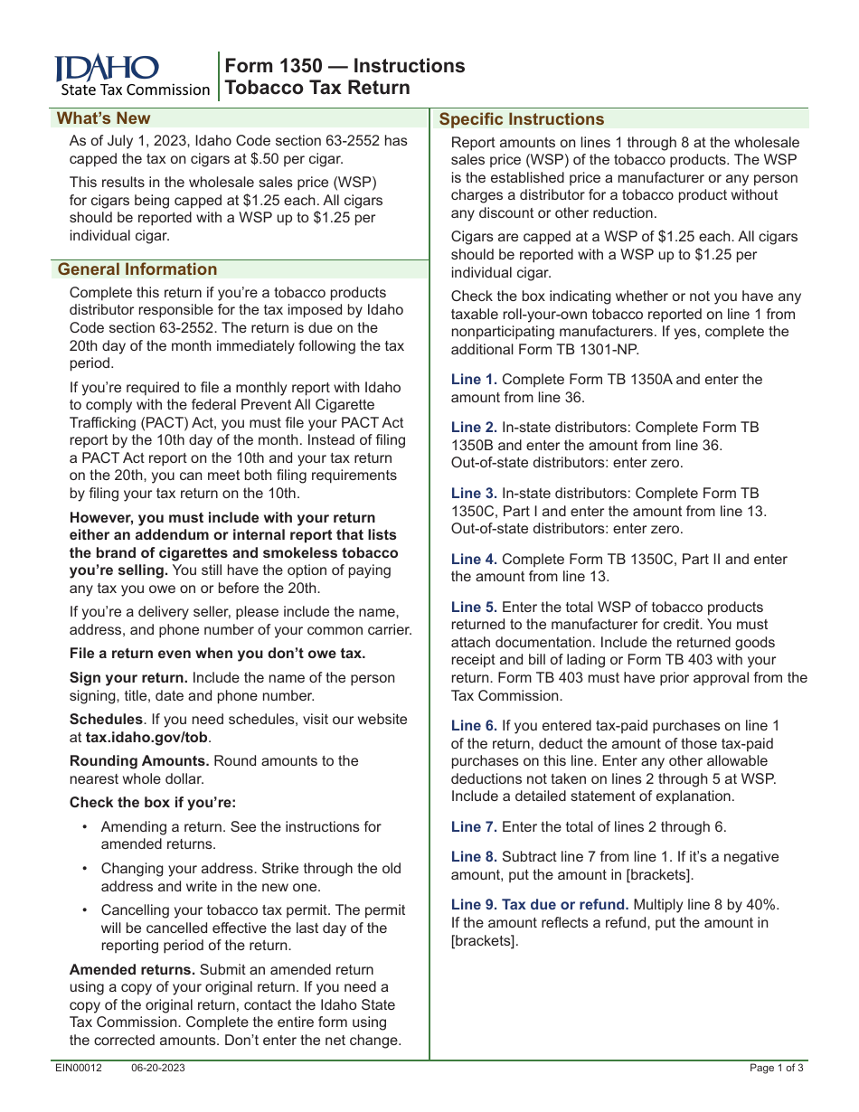 Instructions for Form 1350 Tobacco Tax Return - Idaho, Page 1