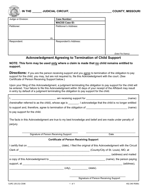 Form CS96 Acknowledgment Agreeing to Termination of Child Support - Missouri