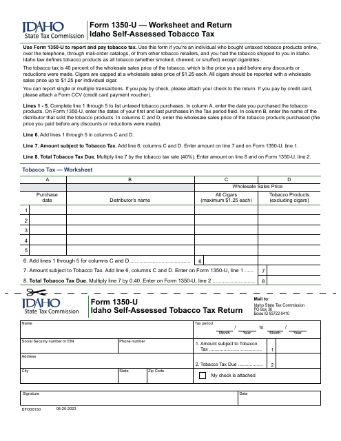 Form 1350-U (EFO00130) Worksheet and Return - Idaho Self-assessed Tobacco Tax - Idaho