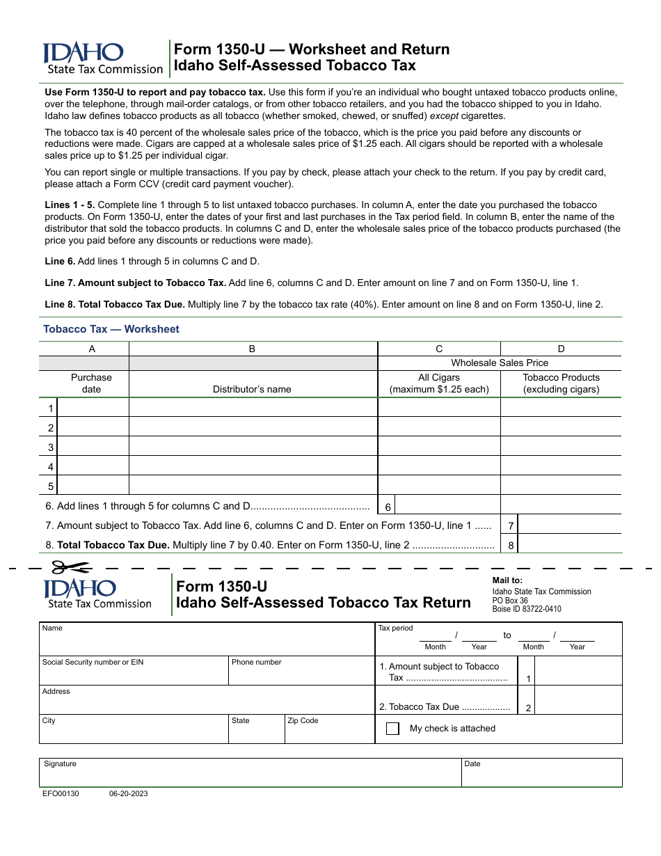 Form 1350-U (EFO00130) Worksheet and Return - Idaho Self-assessed Tobacco Tax - Idaho, Page 1