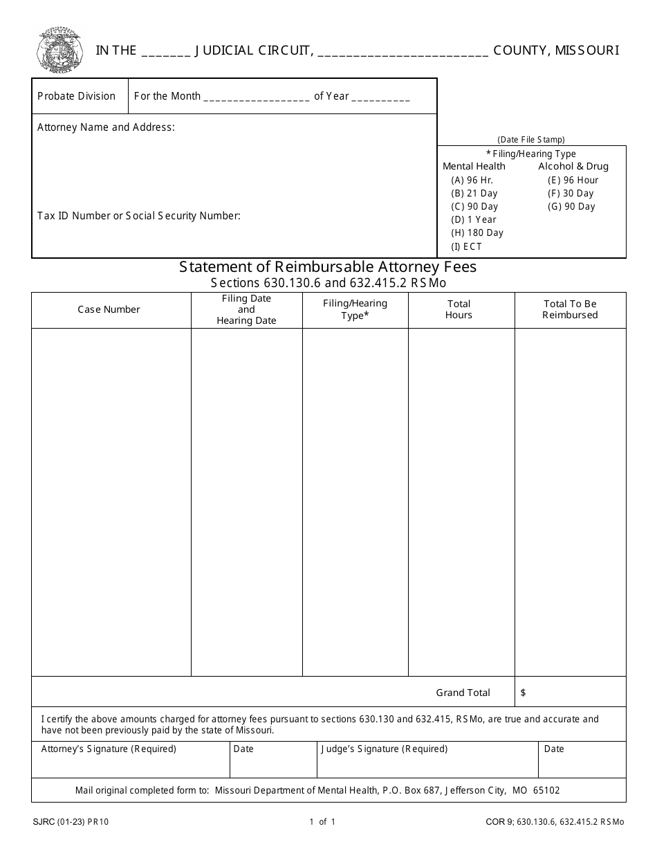 Form PR10 Statement of Reimbursable Attorney Fees - Missouri, Page 1