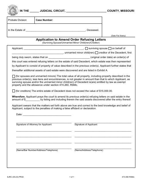 Form PR30 Application to Amend Order Refusing Letters - Missouri