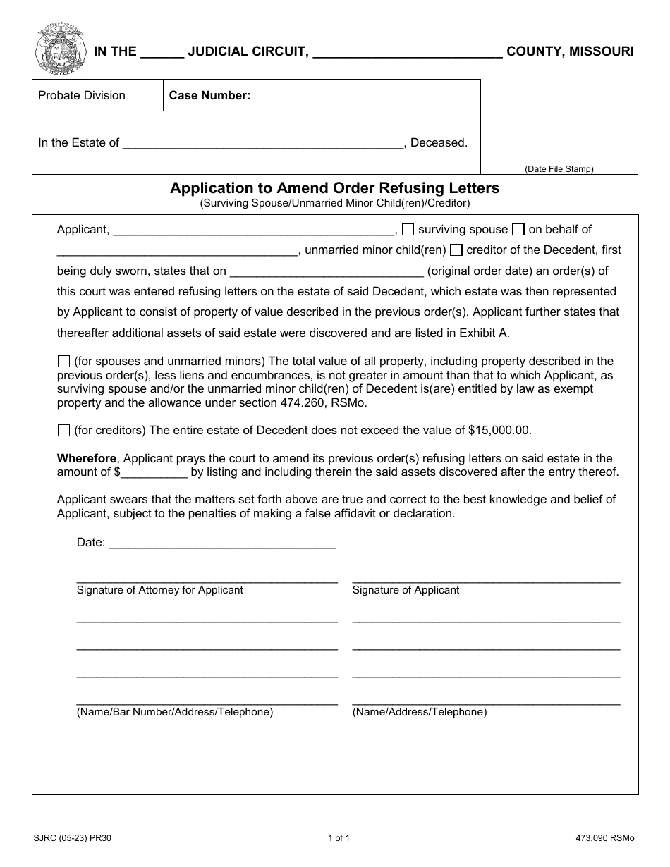 Form PR30 Application to Amend Order Refusing Letters - Missouri, Page 1