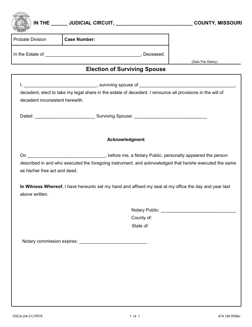 Form PR75 Election of Surviving Spouse - Missouri