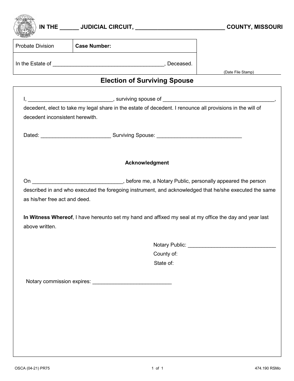 Form PR75 Election of Surviving Spouse - Missouri, Page 1