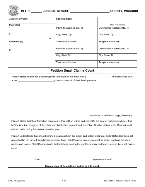 Form SC40 Petition Small Claims Court - Missouri