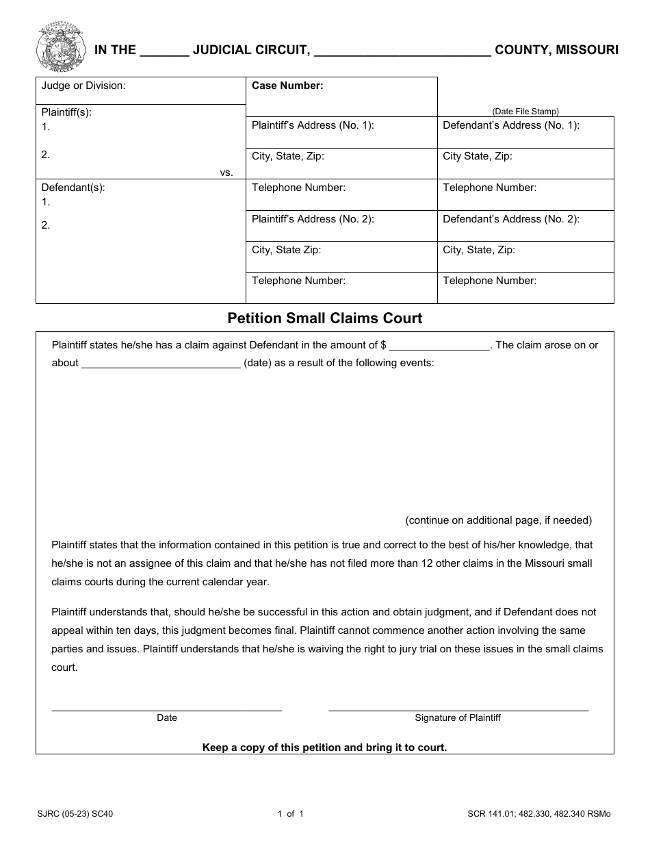 Form SC40 Petition Small Claims Court - Missouri, Page 1