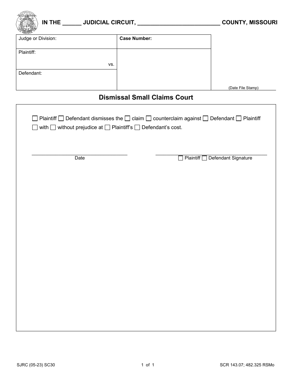 Form SC30 Dismissal Small Claims Court - Missouri, Page 1