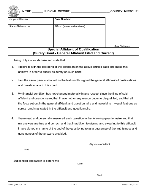 Form CR170 Special Affidavit of Qualification (Surety Bond - General Affidavit Filed and Current) - Missouri