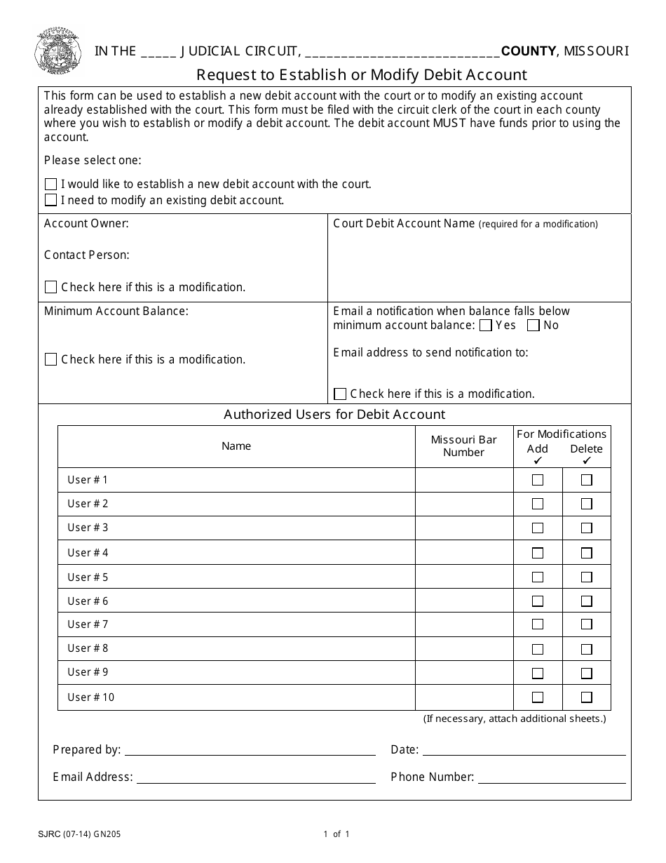 Form GN205 Request to Establish or Modify Debit Account - Missouri, Page 1