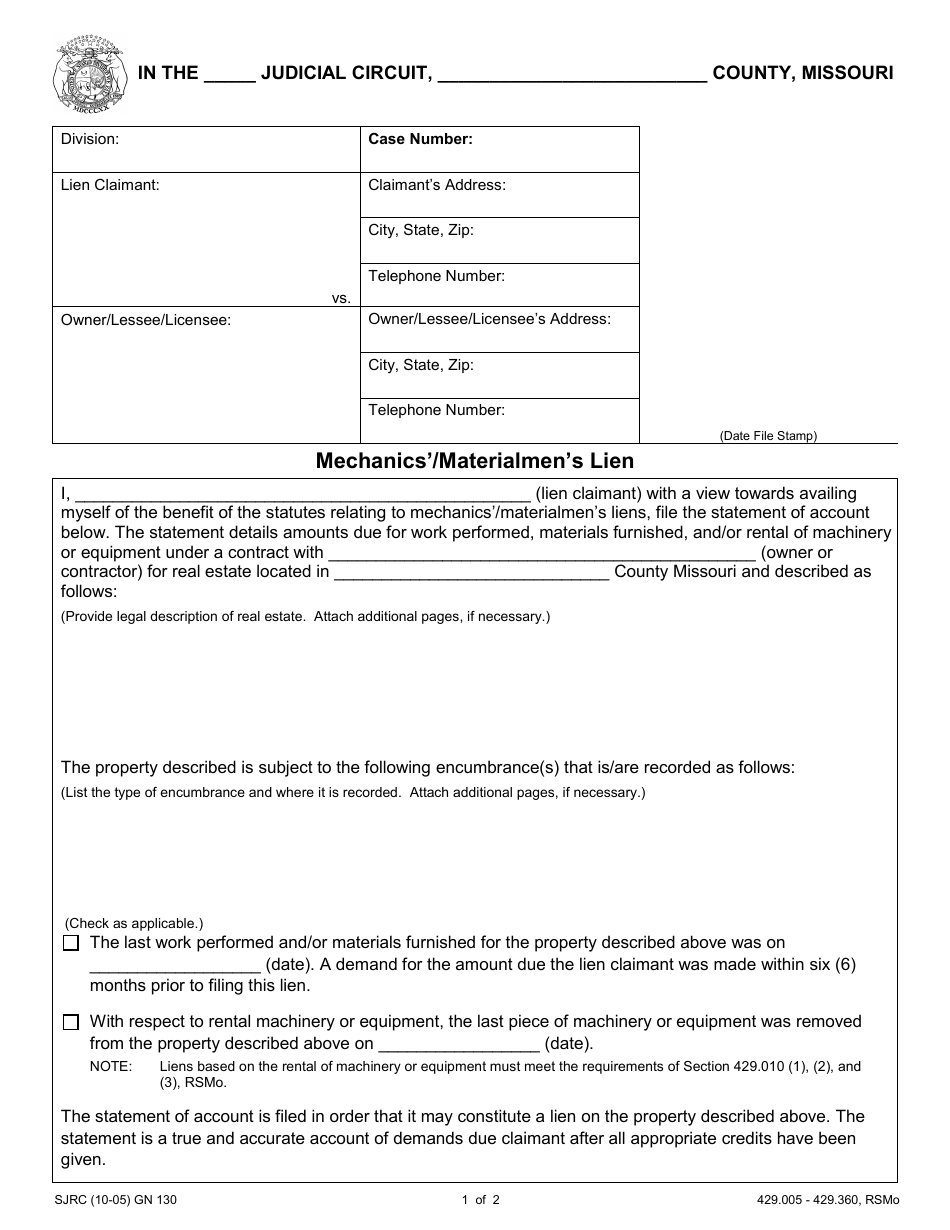 Form GN130 Mechanics / Materialmens Lien - Missouri, Page 1