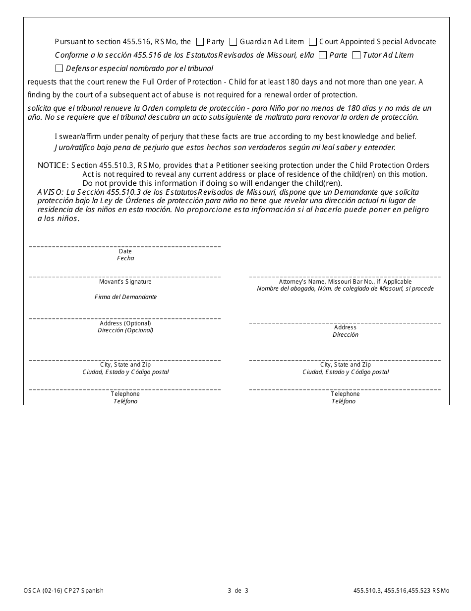 Form CP27 Motion for Renewal of Full Order of Protection - Child - Missouri (English / Spanish), Page 3