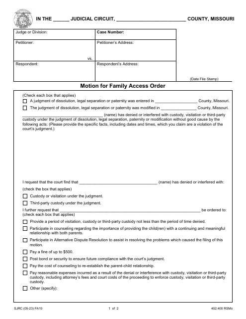 Form FA10 Motion for Family Access Order - Missouri