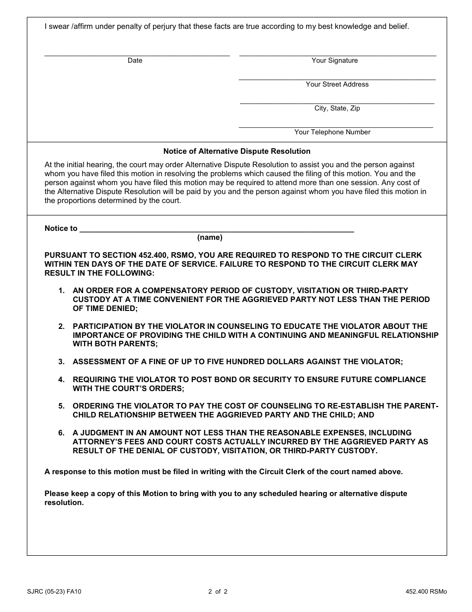 Form FA10 Motion for Family Access Order - Missouri, Page 2