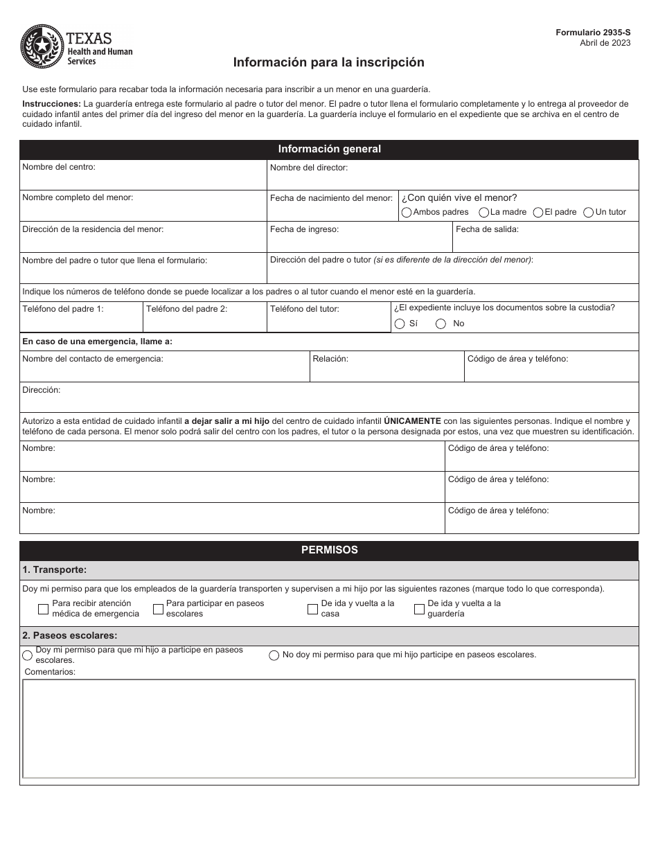 Formulario 2935-S Informacion Para La Inscripcion - Texas (Spanish), Page 1