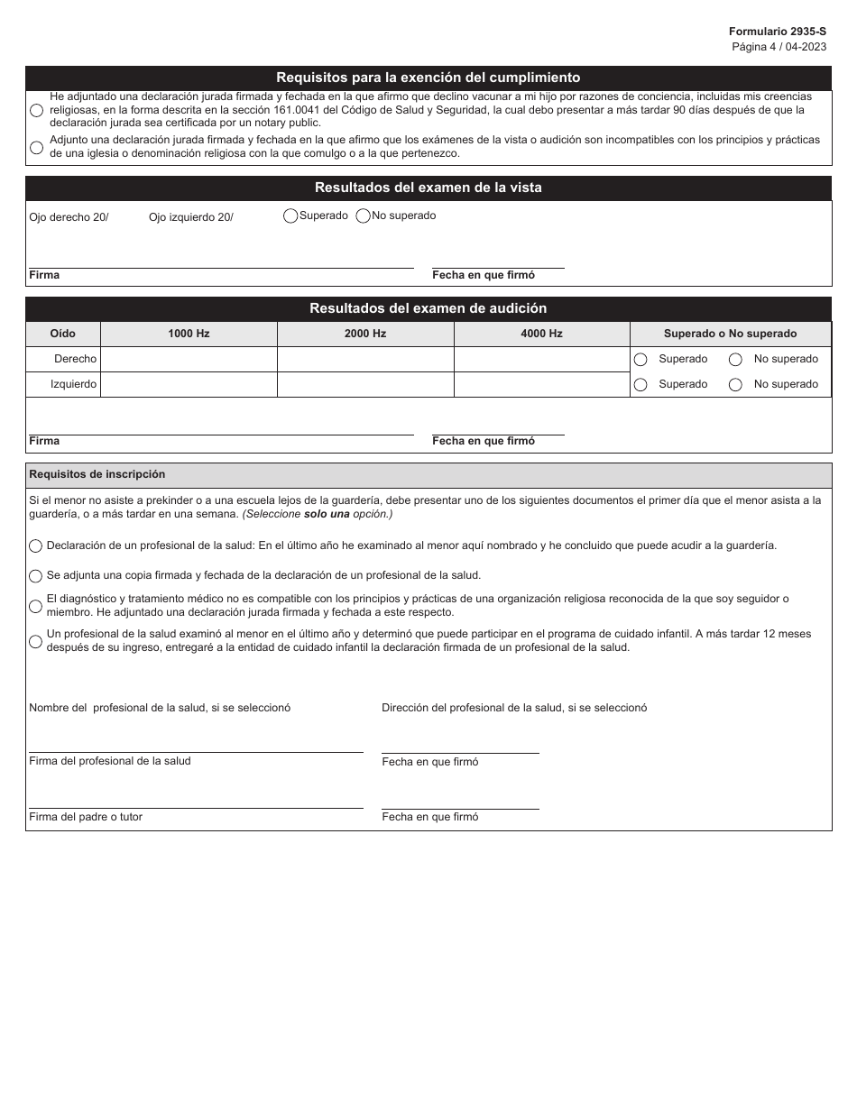 Formulario 2935-S Informacion Para La Inscripcion - Texas (Spanish), Page 4