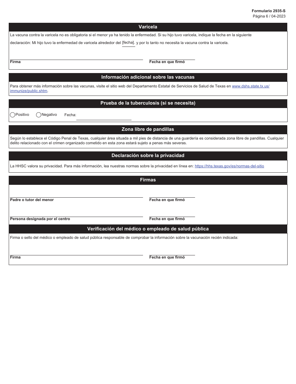 Formulario 2935-S Informacion Para La Inscripcion - Texas (Spanish), Page 6