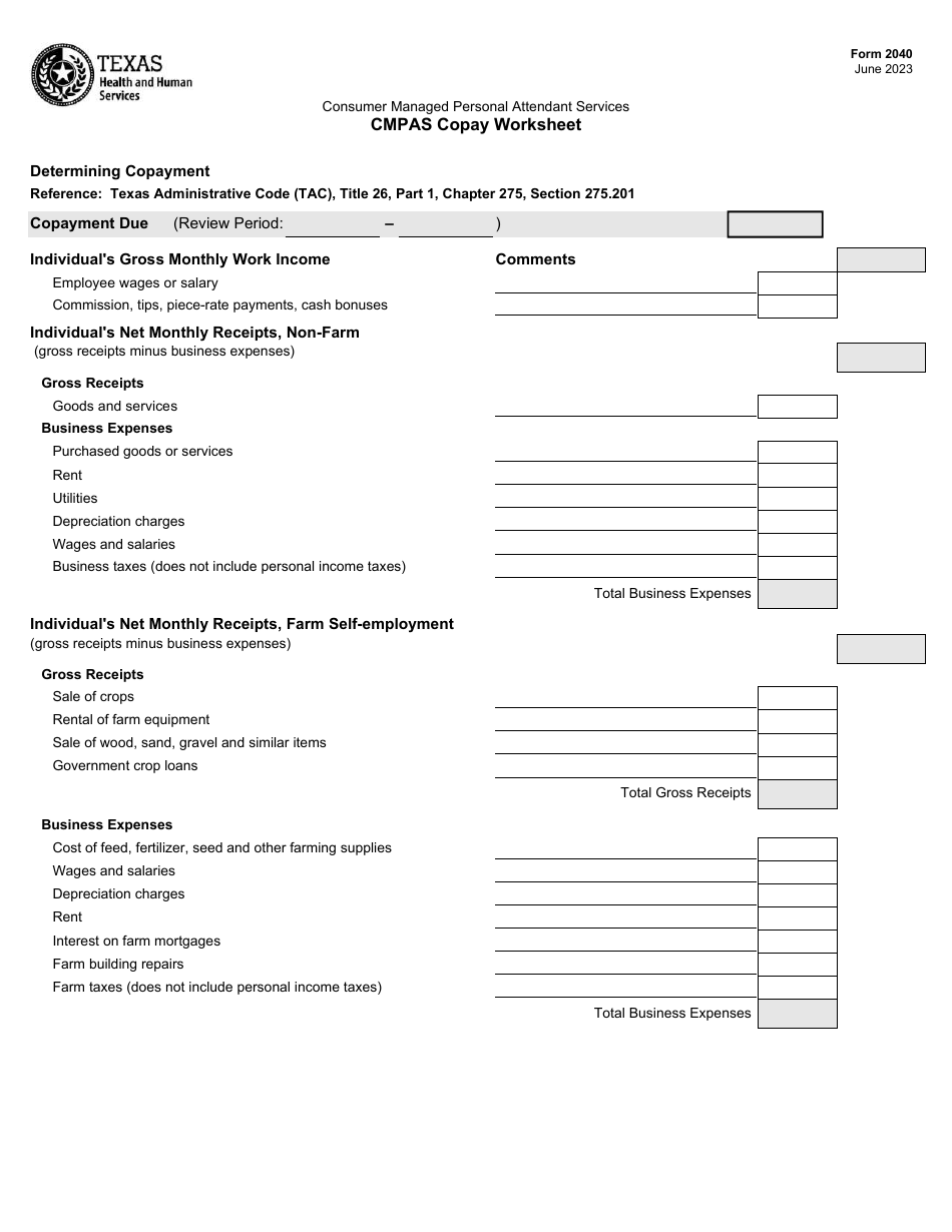 Form 2040 Cmpas Copay Worksheet - Texas, Page 1