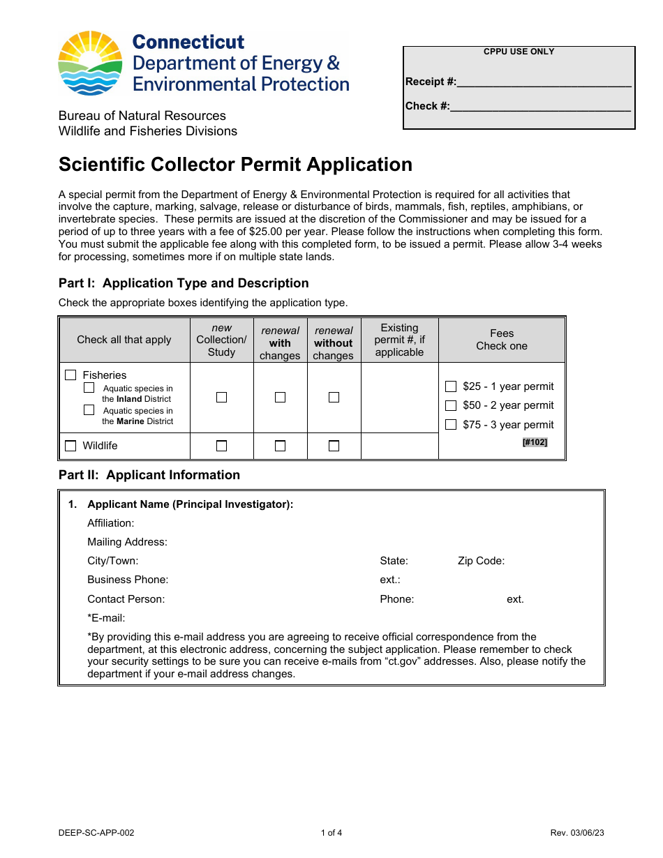 Form DEEP-SC-APP-002 Scientific Collector Permit Application - Connecticut, Page 1