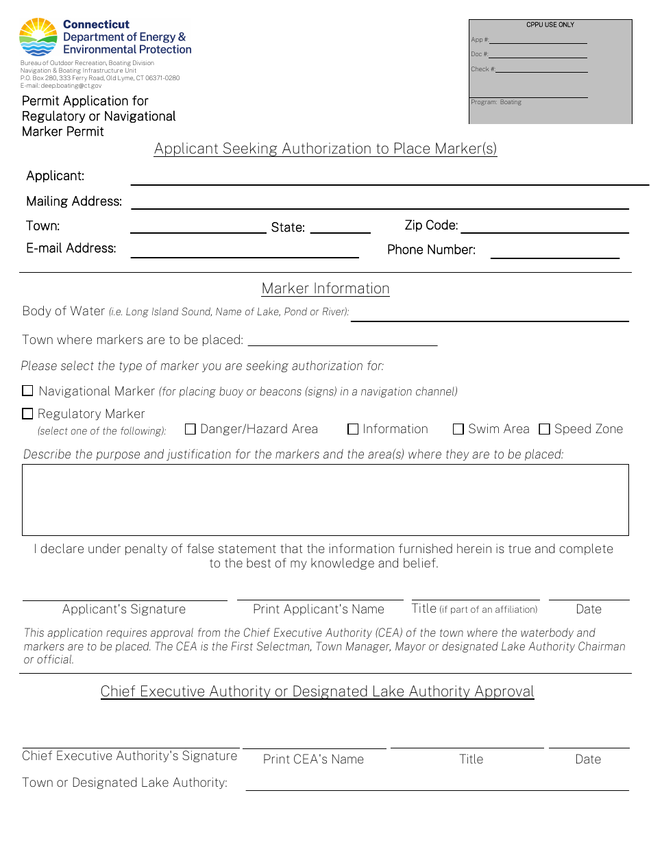 Permit Application for Regulatory or Navigational Marker Permit - Connecticut, Page 1