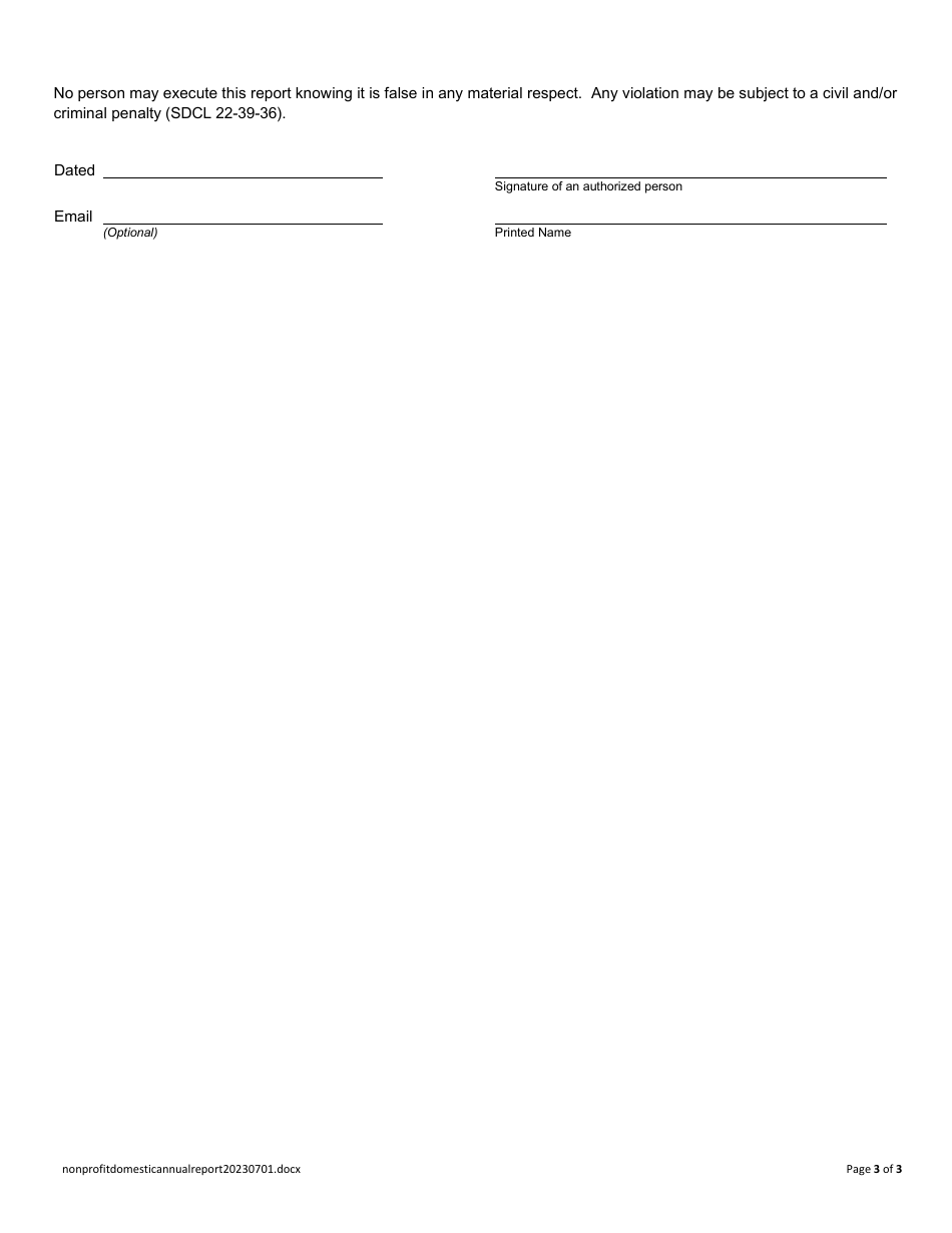 Annual Report - Domestic Nonprofit Corporation - South Dakota, Page 3