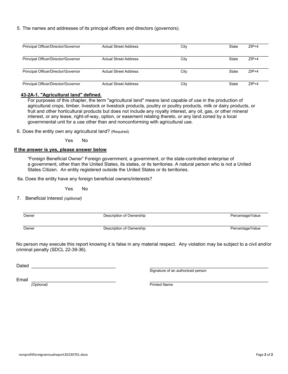 Annual Report - Foreign Nonprofit Corporation - South Dakota, Page 2