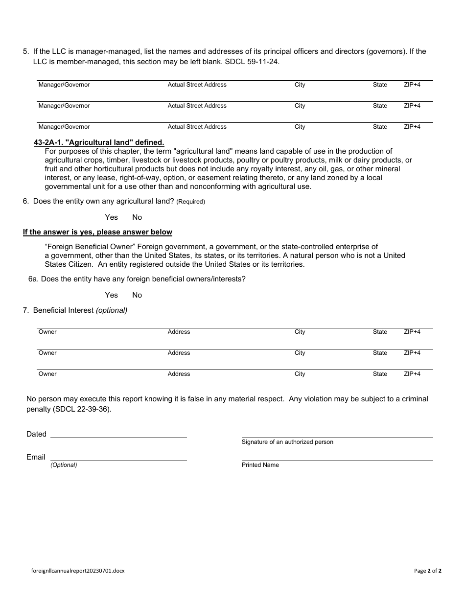 Annual Report - Foreign Limited Liability Company - South Dakota, Page 2