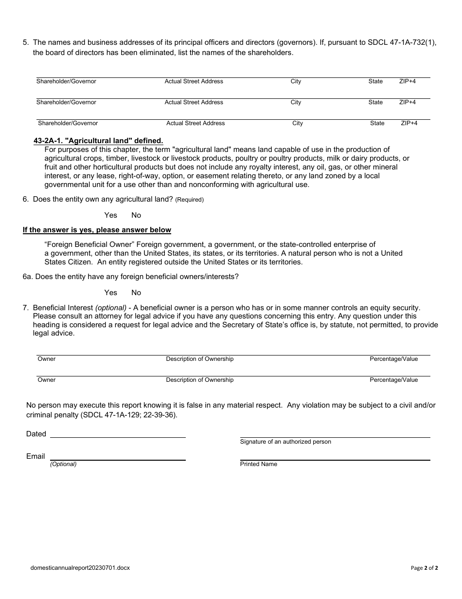 South Dakota Annual Report - Domestic Business Corporation - Fill Out ...