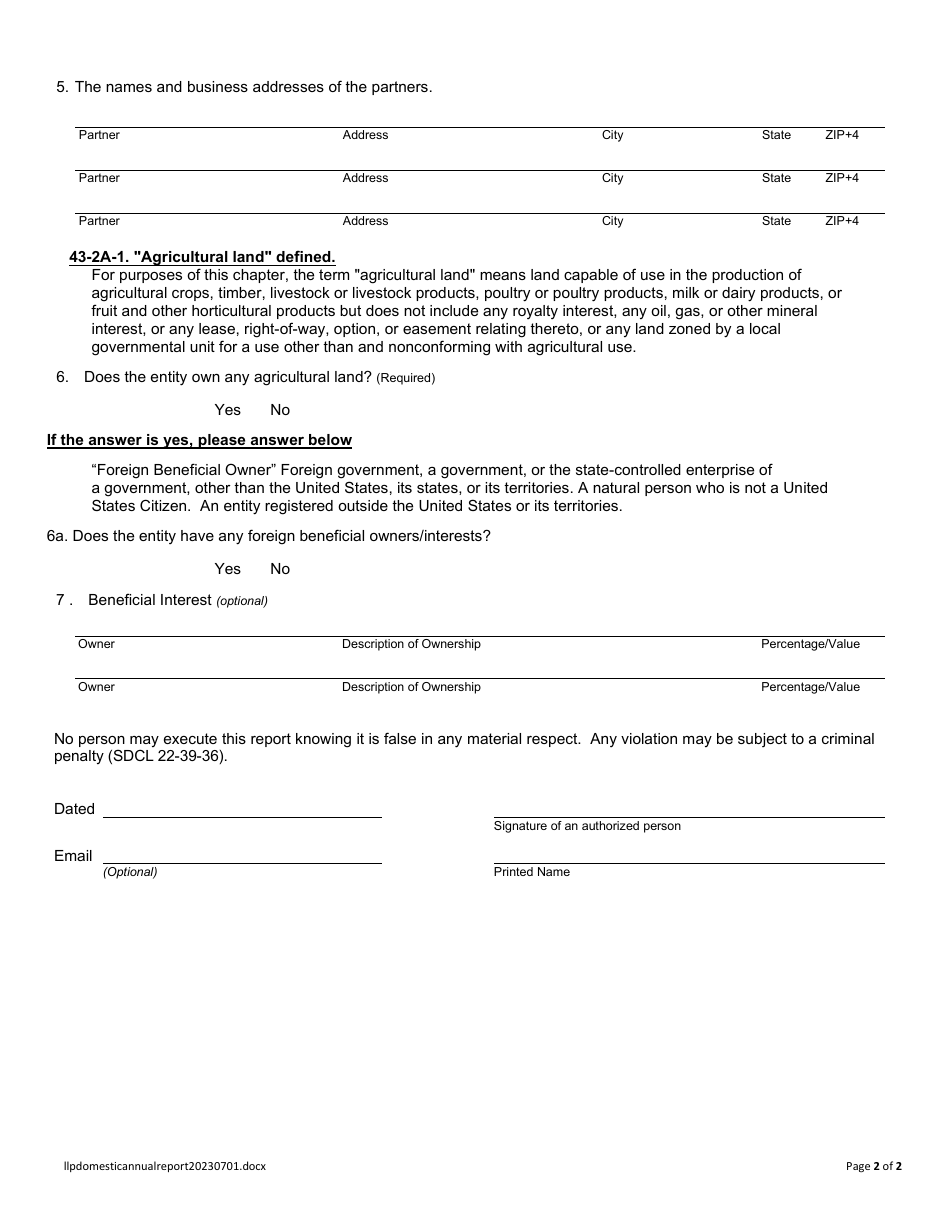 Annual Report - Domestic Limited Liability Partnership - South Dakota, Page 2