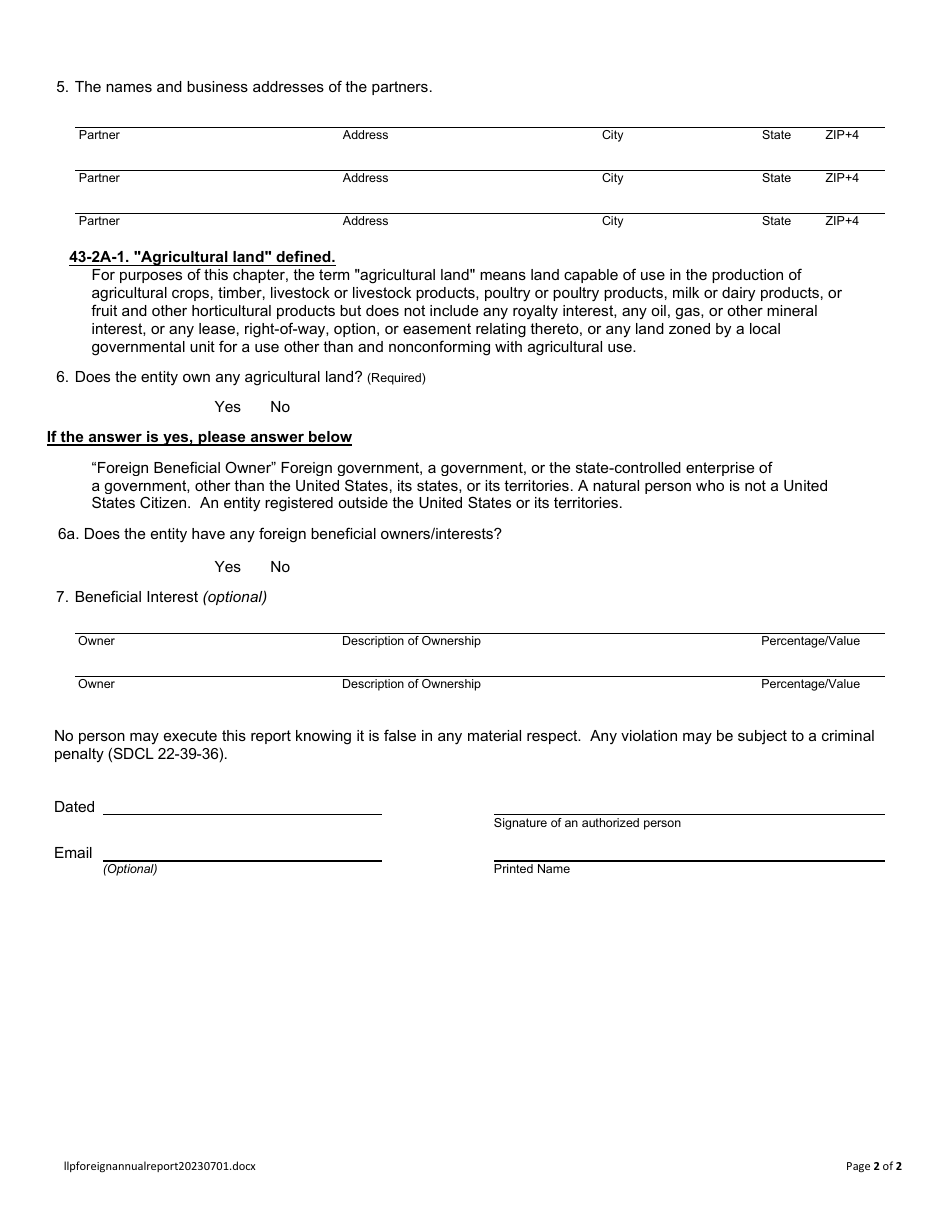 Annual Report - Foreign Limited Liability Partnership - South Dakota, Page 2