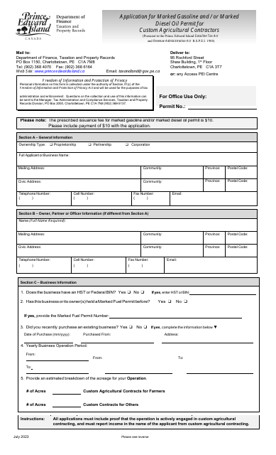 Application for Marked Gasoline and/or Marked Diesel Oil and Levy Exemption Permit for Custom Agricultural Contractors - Prince Edward Island, Canada