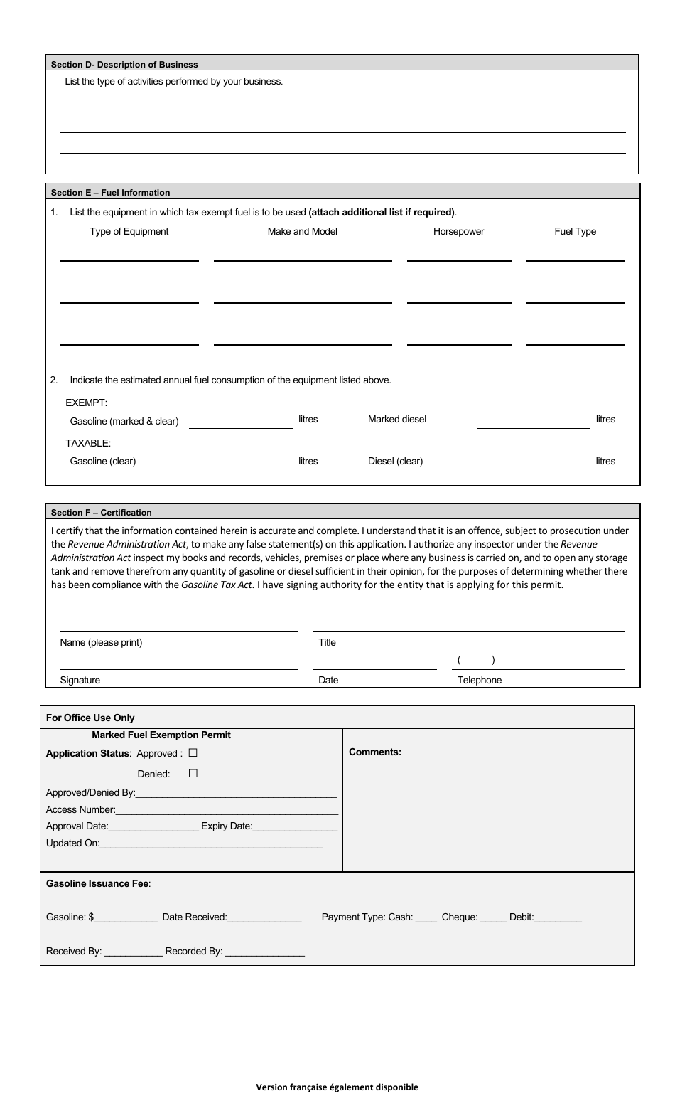 Application for Marked Gasoline and / or Marked Diesel Oil and Levy Exemption Permit for Custom Agricultural Contractors - Prince Edward Island, Canada, Page 2