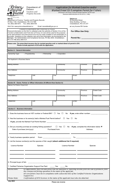 Application for Marked Gasoline and / or Marked Diesel Oil and Levy Exemption Permit for Fishers - Prince Edward Island, Canada Download Pdf