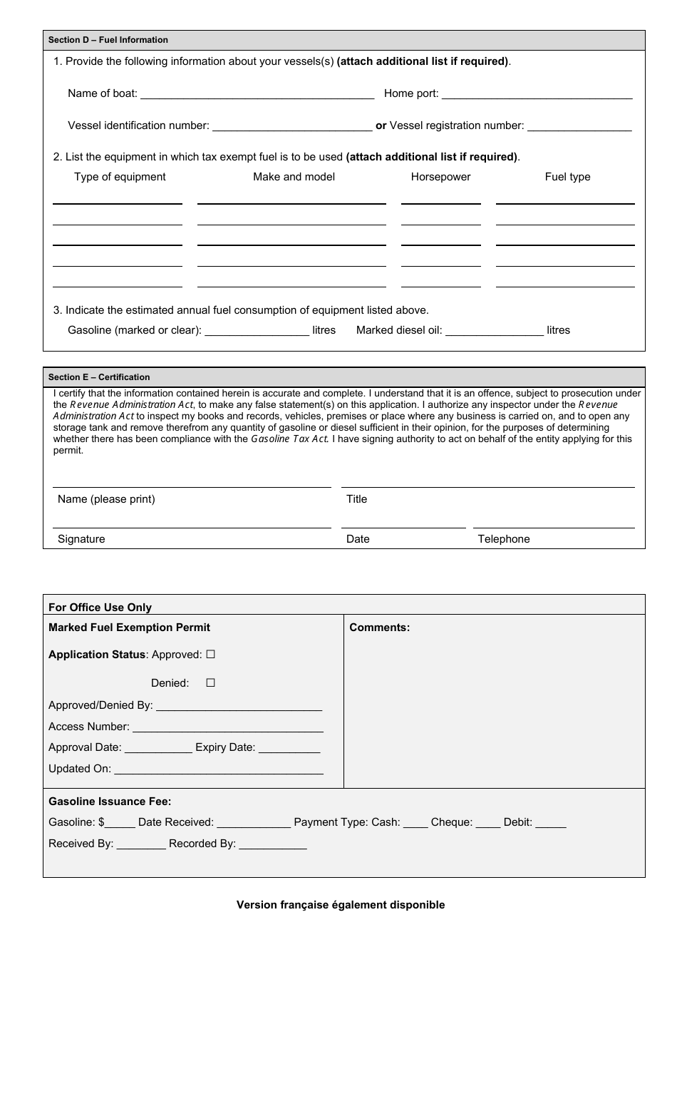 Application for Marked Gasoline and / or Marked Diesel Oil and Levy Exemption Permit for Fishers - Prince Edward Island, Canada, Page 2