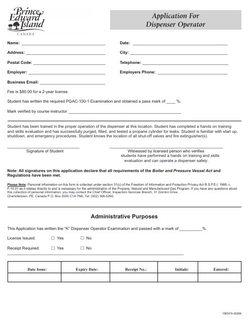 Form 15EN15-42266 Application for Dispenser Operator - Prince Edward Island, Canada