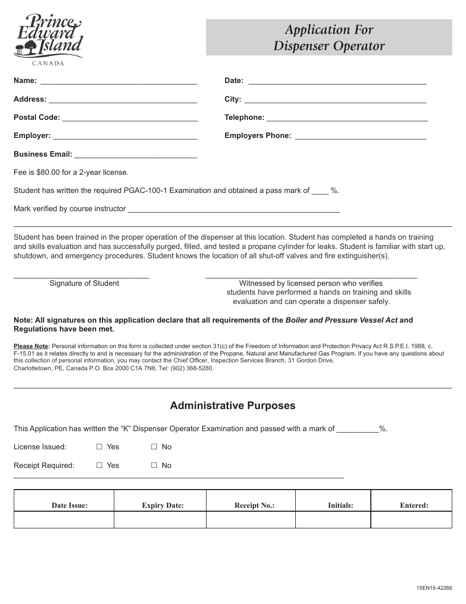 Form 15EN15-42266 Application for Dispenser Operator - Prince Edward Island, Canada, Page 1