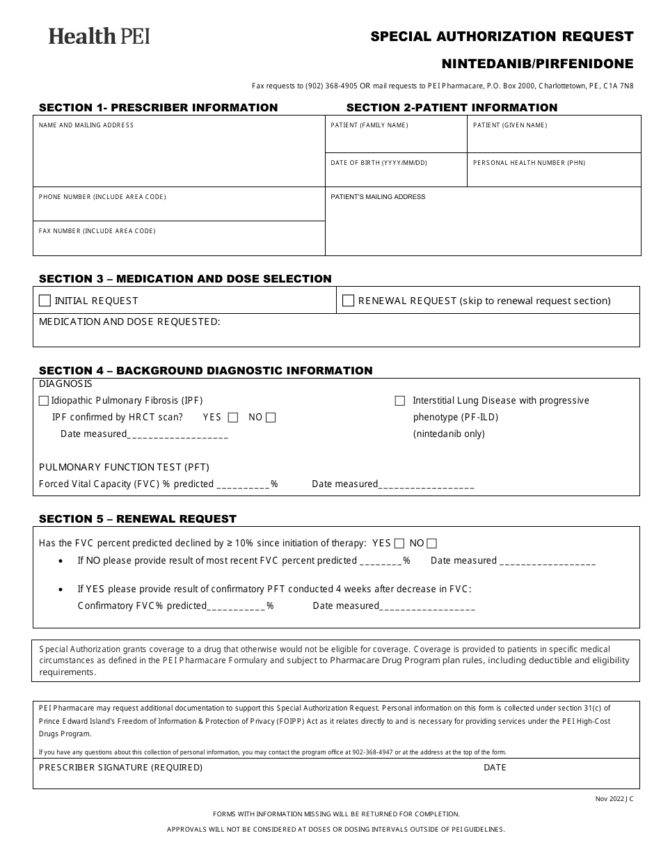 Special Authorization Request - Nintedanib / Pirfenidone - Prince Edward Island, Canada, Page 1