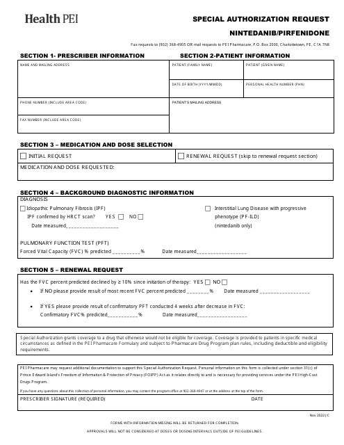 Special Authorization Request - Nintedanib / Pirfenidone - Prince Edward Island, Canada Download Pdf